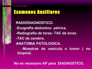 Examenes Auxiliares RADIODIAGNOSTICO. -Ecografia abdomino  pélvica. -Radiografia de torax- TAC de torax. -TAC de cerebro. ANATOMIA PATOLOGICA. -Muestras de vesicula o tumor ( no biopsia) No es necesario AP para  DIAGNOSTICO. 