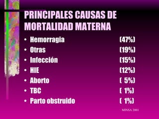 PRINCIPALES CAUSAS DE MORTALIDAD MATERNA Hemorragia  (47%) Otras  (19%) Infección  (15%) HIE  (12%) Aborto  (  5%) TBC  (  1%) Parto obstruido  (  1%) MINSA 2001 