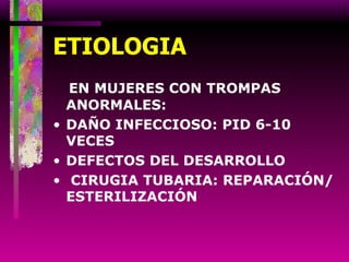 ETIOLOGIA EN MUJERES CON TROMPAS ANORMALES: DAÑO INFECCIOSO: PID 6-10 VECES DEFECTOS DEL DESARROLLO CIRUGIA TUBARIA: REPARACIÓN/ ESTERILIZACIÓN 