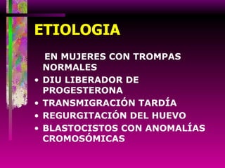 ETIOLOGIA EN MUJERES CON TROMPAS NORMALES DIU LIBERADOR DE PROGESTERONA TRANSMIGRACIÓN TARDÍA REGURGITACIÓN DEL HUEVO BLASTOCISTOS CON ANOMALÍAS CROMOSÓMICAS 