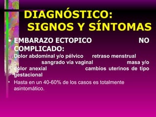 DIAGNÓSTICO:  SIGNOS Y SÍNTOMAS EMBARAZO ECTOPICO  NO COMPLICADO:  Dolor abdominal y/o pélvico  retraso menstrual  sangrado vía vaginal  masa y/o dolor anexial  cambios uterinos de tipo gestacional  Hasta en un 40-60% de los casos es totalmente asintomático.   