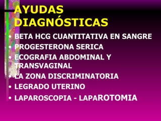 AYUDAS DIAGNÓSTICAS BETA HCG CUANTITATIVA EN SANGRE PROGESTERONA SERICA ECOGRAFIA ABDOMINAL Y TRANSVAGINAL LA ZONA DISCRIMINATORIA LEGRADO UTERINO LAPAROSCOPIA - LAPA ROTOMIA 