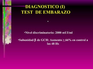 DIAGNOSTICO (I)  TEST  DE EMBARAZO Nivel discriminatorio: 2000 mUI/ml Subunidad    de GCH: Aumento  >  66% en control a las 48 Hs 
