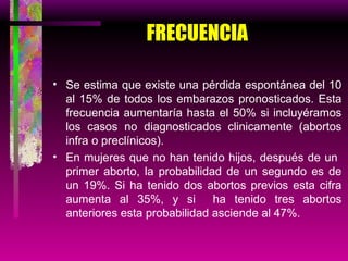 FRECUENCIA Se estima que existe una pérdida espontánea del 10 al 15% de todos los embarazos pronosticados. Esta frecuencia aumentaría hasta el 50% si incluyéramos los casos  no diagnosticados clinicamente (abortos infra o preclínicos). En mujeres que no han tenido hijos, después de un  primer aborto, la probabilidad de un segundo es de un 19%. Si ha tenido dos abortos previos esta cifra aumenta al 35%, y si  ha tenido tres abortos anteriores esta probabilidad asciende al 47%. 