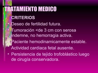 TRATAMIENTO MEDICO CRITERIOS Deseo de fertilidad futura. Tumoración <de 3 cm con serosa indemne, no hemorragia activa. Paciente hemodinamicamente estable. Actividad cardiaca fetal ausente. Persistencia de tejido trofoblástico luego de cirugía conservadora. 