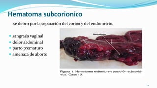 Hematoma subcorionico
se deben por la separación del corion y del endometrio.
 sangrado vaginal
 dolor abdominal
 parto prematuro
 amenaza de aborto
10
 