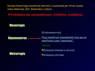 Incluye hemorragia menstrual anormal y ocasionada por otras causas, como embarazo, Enf. Generales o cáncer. Patrones de hemorragia uterina anormal Menorragia Hipomenorrea Metrorragia (Criptomenorrea) Flujo menstrual inusualmente leve que se manifiesta como “manchado”. CAUSA: Estenosis himenal o cervical. Sinequias uterinas. 