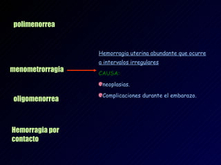 polimenorrea Hemorragia uterina abundante que ocurre a intervalos irregulares   CAUSA: neoplasias. Complicaciones durante el embarazo. menometrorragia oligomenorrea Hemorragia por contacto 