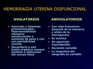 HEMORRAGIA UTERINA DISFUNCIONAL OVULATORIOS Asociado a síntomas premenstruales: hipersensibilidad mamaria, menstruación o aumento de peso y con una periodicidad normal. Secundario a una lesión orgánica aunque también a disfunción del cuerpo lúteo ANOVULATORIOS Con más frecuencia después de la menarca y antes de la menopausia. Es acíclica De aparición impredecible Duración variable La magnitud del sangrado es variable 