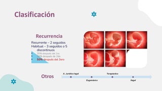 Clasificación
Recurrencia
Recurrente – 2 seguidos
Habitual – 3 seguidos o 5
discontinuos
• 20% después del 1ro
• 30% después de 2do
• 50% después del 3ero
Otros
A. Jurídico legal
Eugenésico
Terapéutico
Ilegal
 