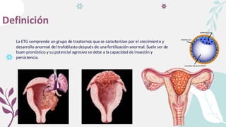 Definición
La ETG comprende un grupo de trastornos que se caracterizan por el crecimiento y
desarrollo anormal del trofoblasto después de una fertilización anormal. Suele ser de
buen pronóstico y su potencial agresivo se debe a la capacidad de invasión y
persistencia.
 
