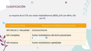 CLASIFICACIÓN
La mayoría de la ETG son molas hidatidiformes (80%),15% son MHI y 5%
son CC
 