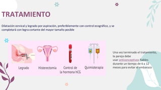 TRATAMIENTO
Dilatación cervical y legrado por aspiración, preferiblemente con control ecográfico, y se
completará con legra cortante del mayor tamaño posible
Una vez terminado el tratamiento,
la pareja debe
usar anticonceptivos fiables
durante un tiempo de 6 a 12
meses para evitar el embarazo
 