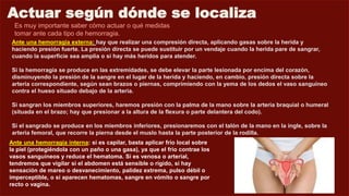 Actuar según dónde se localiza
Es muy importante saber cómo actuar o qué medidas
tomar ante cada tipo de hemorragia.
Ante una hemorragia externa: hay que realizar una compresión directa, aplicando gasas sobre la herida y
haciendo presión fuerte. La presión directa se puede sustituir por un vendaje cuando la herida pare de sangrar,
cuando la superficie sea amplia o si hay más heridos para atender.
Si la hemorragia se produce en las extremidades, se debe elevar la parte lesionada por encima del corazón,
disminuyendo la presión de la sangre en el lugar de la herida y haciendo, en cambio, presión directa sobre la
arteria correspondiente, según sean brazos o piernas, comprimiendo con la yema de los dedos el vaso sanguíneo
contra el hueso situado debajo de la arteria.
Si sangran los miembros superiores, haremos presión con la palma de la mano sobre la arteria braquial o humeral
(situada en el brazo; hay que presionar a la altura de la flexura o parte delantera del codo).
Si el sangrado se produce en los miembros inferiores, presionaremos con el talón de la mano en la ingle, sobre la
arteria femoral, que recorre la pierna desde el muslo hasta la parte posterior de la rodilla.
Ante una hemorragia interna: si es capilar, basta aplicar frío local sobre
la piel (protegiéndola con un paño o una gasa), ya que el frío contrae los
vasos sanguíneos y reduce el hematoma. Si es venosa o arterial,
tendremos que vigilar si el abdomen está sensible o rígido, si hay
sensación de mareo o desvanecimiento, palidez extrema, pulso débil o
imperceptible, o si aparecen hematomas, sangre en vómito o sangre por
recto o vagina.
 