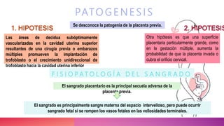 PATO G E N E S I S
Las áreas de decidua subóptimamente
vascularizadas en la cavidad uterina superior
resultantes de una cirugía previa o embarazos
múltiples promueven la implantación de
trofoblasto o el crecimiento unidireccional de
trofoblasto hacia la cavidad uterina inferior
Se desconoce la patogenia de la placenta previa.
Otra hipótesis es que una superficie
placentaria particularmente grande, como
en la gestación múltiple, aumenta la
probabilidad de que la placenta invada o
cubra el orificio cervical.
1. HIPOTESIS 2. HIPOTESIS
F I S I O P A T O L O G Í A D E L S A N G R A D O
El sangrado es principalmente sangre materna del espacio intervelloso, pero puede ocurrir
sangrado fetal si se rompen los vasos fetales en las vellosidades terminales.
El sangrado placentario es la principal secuela adversa de la
placenta previa.
 