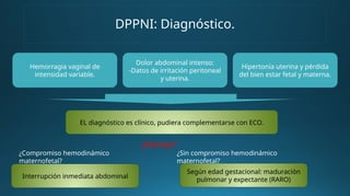DPPNI: Diagnóstico.
Hemorragia vaginal de
intensidad variable.
Dolor abdominal intenso:
-Datos de irritación peritoneal
y uterina.
Hipertonía uterina y pérdida
del bien estar fetal y materna.
EL diagnóstico es clínico, pudiera complementarse con ECO.
¿Compromiso hemodinámico
maternofetal?
¿Sin compromiso hemodinámico
maternofetal?
Interrupción inmediata abdominal
Según edad gestacional: maduración
pulmonar y expectante (RARO)
¿Manejo?
 