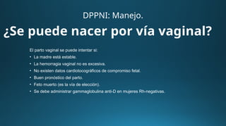El parto vaginal se puede intentar si:
• La madre está estable.
• La hemorragia vaginal no es excesiva.
• No existen datos cardiotocográficos de compromiso fetal.
• Buen pronóstico del parto.
• Feto muerto (es la vía de elección).
• Se debe administrar gammaglobulina anti-D en mujeres Rh-negativas.
DPPNI: Manejo.
¿Se puede nacer por vía vaginal?
 