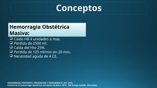 Conceptos
HEMORRAGIA POSTPARTO. PREVENCION Y TRATAMIENTO. GPC 2018.
Control de la hemorragia obstétrica con balón de Bakri. 2013. VM Ortega Castillo. Ginecobst.
Hemorragia Obstétrica
Masiva:
 Caída HB 4 unidades o mas.
 Pérdida de 2500 ml.
 Caída del Hto 25%.
 Perdida de 125 ml/min en 20 min.
 Necesidad aguda de 4 CE.
 