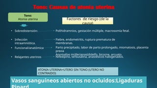 Tono: Causas de atonía uterina
• Sobredistensión:
• Infección
intraamniótica.
• Funcional/anatómica
• Relajantes uterinos
Factores de riesgo (de la
causa)
Polihidramnios, gestación múltiple, macrosomía fetal.
Fiebre, endometritis, ruptura prematura de
membranas.
Parto precipitado, labor de parto prolongado, miomatosis, placenta
previa
Anomalías müllerianas(didelfo, bicorne, arcuato.
Nifedipino, terbutalina, anastésicos halogenados.
Vasos sanguíneos abiertos no ocluidos:Ligaduras
ATONIA UTERINA=UTERO SIN TONO (UTERO NO
CONTRAIDO)
Tono:
Atonia uterina
 