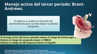 Hemorragia obstétrica manejada con balón de Bakri. 2016. VM Vargas. Elsevier.
Control de la hemorragia obstétrica con balón de Bakri. 2013. VM Ortega Castillo. Ginecobst.
Prevención y manejo de la hemorragia postparto en el primer, segundo y tercer nivel de atención. Marzo 2018
-El manejo activo del tercer periodo reduce el riesgo de hemorragia en x3
-Reduce el riesgo de sangrado mayor a 1000ml
-Reduce el riesgo de HB materna menor a 9 mg/dlc
Manejo activo del tercer periodo: Brant-
Andrews.
El objetivo es acelerar la duración del
alumbramiento para con ello reducir la pérdida
sanguínea.
 