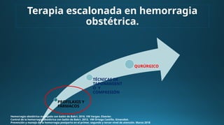 Terapia escalonada en hemorragia
obstétrica.
PROFILAXIS Y
FÁRMACOS
TÉCNICAS DE
TAPONAMIENT
O Y
COMPRESIÓN
QURÚRGICO
Hemorragia obstétrica manejada con balón de Bakri. 2016. VM Vargas. Elsevier.
Control de la hemorragia obstétrica con balón de Bakri. 2013. VM Ortega Castillo. Ginecobst.
Prevención y manejo de la hemorragia postparto en el primer, segundo y tercer nivel de atención. Marzo 2018
 