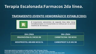 TRATAMIENTO (EVENTO HEMORRÁGICO ESTABLECIDO)
Hemorragia obstétrica manejada con balón de Bakri. 2016. VM Vargas. Elsevier.
Control de la hemorragia obstétrica con balón de Bakri. 2013. VM Ortega Castillo. Ginecobst.
Prevención y manejo de la hemorragia postparto en el primer, segundo y tercer nivel de atención. Marzo 2018
2DA LÍNEA 3RA LÍNEA
ERGONOVINA 0.2 MCGS IM CARBETOCINA 100 MCGS
MISOPROSTOL 600-800 MCGS SL CARBOPROST 0.25 MG IM
Terapia Escalonada:Farmacos 2da línea.
 
