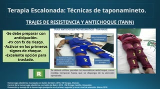 TRAJES DE RESISTENCIA Y ANTICHOQUE (TANN)
Hemorragia obstétrica manejada con balón de Bakri. 2016. VM Vargas. Elsevier.
Control de la hemorragia obstétrica con balón de Bakri. 2013. VM Ortega Castillo. Ginecobst.
Prevención y manejo de la hemorragia postparto en el primer, segundo y tercer nivel de atención. Marzo 2018
-Se debe preparar con
anticipación.
-Px con fx de riesgo.
-Activar en los primeros
signos de choque.
-Excelente opción para
traslado.
Terapia Escalonada: Técnicas de taponamineto.
 