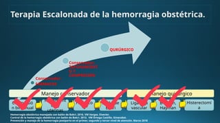 Conservador:
FÁRMACOS
Conservador:
TAPONAMIENT
O Y
COMPRESIÓN
QURÚRGICO
Hemorragia obstétrica manejada con balón de Bakri. 2016. VM Vargas. Elsevier.
Control de la hemorragia obstétrica con balón de Bakri. 2013. VM Ortega Castillo. Ginecobst.
Prevención y manejo de la hemorragia postparto en el primer, segundo y tercer nivel de atención. Marzo 2018
Terapia Escalonada de la hemorragia obstétrica.
Compresió
n bimanual
Balón de
Bakri
Pinzamient
o de
uterinas
Fármaco
s
Ligadura
vascular
B-Lynch,
Hayman
Histerectomí
a
Manejo conservador Manejo quirúrgico
 