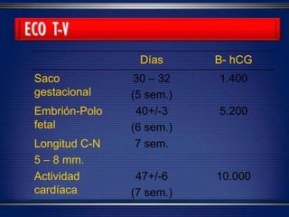 Días B- hCG
Saco
gestacional
30 – 32
(5 sem.)
1.400
Embrión-Polo
fetal
40+/-3
(6 sem.)
5.200
Longitud C-N
5 – 8 mm.
7 sem.
Actividad
cardíaca
47+/-6
(7 sem.)
10.000
ECO T-V
 