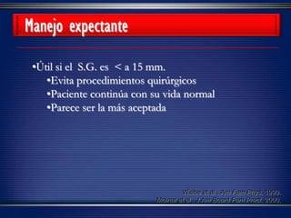 •Útil si el S.G. es < a 15 mm.
•Evita procedimientos quirúrgicos
•Paciente continúa con su vida normal
•Parece ser la más aceptada
Wiebe et al., Am Fam Phys, 1999.
Molnar et al., J Am Board Fam Pract, 2000.
Manejo expectante
 