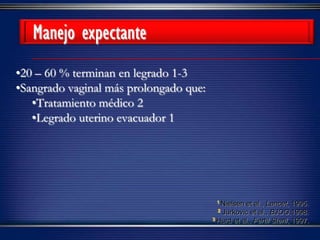 •20 – 60 % terminan en legrado 1-3
•Sangrado vaginal más prolongado que:
•Tratamiento médico 2
•Legrado uterino evacuador 1
1 Nielsen et al., Lancet, 1995.
2 Jurkovic et al., BJOG,1998.
3 Hurd et al., Fertil Steril, 1997.
Manejo expectante
 