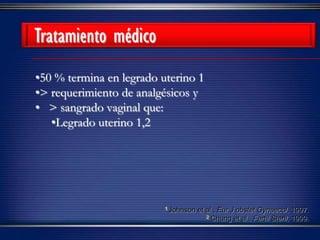•50 % termina en legrado uterino 1
•> requerimiento de analgésicos y
• > sangrado vaginal que:
•Legrado uterino 1,2
1 Johnson et al., Eur J obstet Gynaecol, 1997.
2 Chung et al., Fertil Steril, 1999.
Tratamiento médico
 