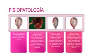 FISIOPATOLOGÍA
El hematoma puede
quedar localizado y
por lo tanto auto
limitado, dando poca
clínica
En ocasiones sólo se
evidencia esta
situación postparto
con el alumbramiento
ya que se puede
apreciar un coágulo
organizado situado en
una depresión
cóncava localizada en
la cara materna de la
placenta
En algunos casos el
proceso puede
continuar y el acúmulo
de sangre puede
progresar en
búsqueda de zonas
de menor resistencia y
con ello disecar toda
la placenta por el
plano decidual
Si continúa la
progresión puede
pasar a través de las
membranas al líquido
amniótico dándole un
color cereza o rojo
vinoso, o persistir el
proceso de disección
entre corion y decidua
vera hasta el orificio
cervical
 