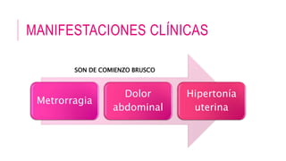 MANIFESTACIONES CLÍNICAS
Metrorragia
Dolor
abdominal
Hipertonía
uterina
SON DE COMIENZO BRUSCO
 