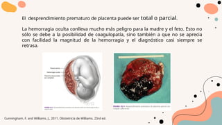 El desprendimiento prematuro de placenta puede ser total o parcial.
La hemorragia oculta conlleva mucho más peligro para la madre y el feto. Esto no
sólo se debe a la posibilidad de coagulopatía, sino también a que no se aprecia
con facilidad la magnitud de la hemorragia y el diagnóstico casi siempre se
retrasa.
Cunningham, F. and Williams, J., 2011. Obstetricia de Williams. 23rd ed.
 