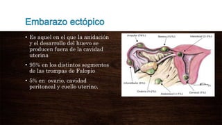 • Es aquel en el que la anidación
y el desarrollo del huevo se
producen fuera de la cavidad
uterina
• 95% en los distintos segmentos
de las trompas de Falopio
• 5% en ovario, cavidad
peritoneal y cuello uterino.
 