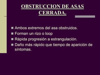 OBSTRUCCION DE ASAS
          CERRADA.

 Ambos extremos del asa obstruidos.
 Forman un rizo o loop
 Rápida progresión a estrangulación.
 Daño más rápido que tiempo de aparición de
  síntomas.
 