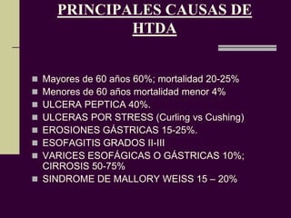 PRINCIPALES CAUSAS DE
             HTDA


 Mayores de 60 años 60%; mortalidad 20-25%
 Menores de 60 años mortalidad menor 4%
 ULCERA PEPTICA 40%.
 ULCERAS POR STRESS (Curling vs Cushing)
 EROSIONES GÁSTRICAS 15-25%.
 ESOFAGITIS GRADOS II-III
 VARICES ESOFÁGICAS O GÁSTRICAS 10%;
  CIRROSIS 50-75%
 SINDROME DE MALLORY WEISS 15 – 20%
 