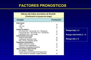 FACTORES PRONOSTICOS Riesgo bajo    2 Riesgo intermedio 3 – 4 Riesgo alto    5 Cálculo del índice pronóstico de Rockall ( Clasificación en grupos de riesgo ) Variable Puntuación Edad (años) - < 60 - 60 – 79 - > 80 Estado circulatorio - Sin shock (PA > 100 mmHg / FC < 100 lat/min) - Taquicardia (PA > 100 mmHg / FC > 100 lat/min) - Hipotensión (PA < 100 mmHg) Enfermedades asociadas - Ninguna enfermedad - Cardiopatía isquémica o ICC - IRC, cirrosis, neoplasia, EPOC Diagnóstico endoscópico - Mallory Weiss-Sin Lesión - Todos los otros diagnósticos - Neoplasia esofagogastroduodenal Signos de hemorragia reciente - Sin estigma – hematina - Sangre fresca enestómago-hemorragia activa vaso visibble sin sangrado, coagulo adherido 0 1 2 0 1  2 0 2 3 0 1 2 0 2 