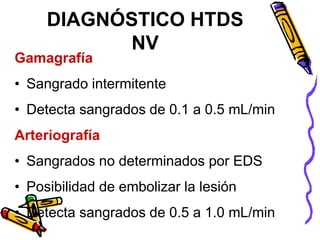 Gamagrafía
• Sangrado intermitente
• Detecta sangrados de 0.1 a 0.5 mL/min
Arteriografía
• Sangrados no determinados por EDS
• Posibilidad de embolizar la lesión
• Detecta sangrados de 0.5 a 1.0 mL/min
DIAGNÓSTICO HTDS
NV
 