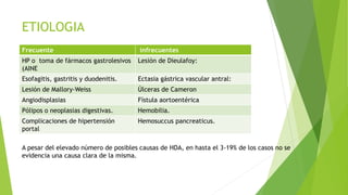 ETIOLOGIA
Frecuente infrecuentes
HP o toma de fármacos gastrolesivos
(AINE
Lesión de Dieulafoy:
Esofagitis, gastritis y duodenitis. Ectasia gástrica vascular antral:
Lesión de Mallory-Weiss Úlceras de Cameron
Angiodisplasias Fístula aortoentérica
Pólipos o neoplasias digestivas. Hemobilia.
Complicaciones de hipertensión
portal
Hemosuccus pancreaticus.
A pesar del elevado número de posibles causas de HDA, en hasta el 3-19% de los casos no se
evidencia una causa clara de la misma.
 