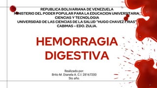 REPUBLICA BOLIVARIANA DE VENEZUELA
MINISTERIO DEL PODER POPULAR PARA LA EDUCACION UNIVERSITARIA,
CIENCIAS Y TECNOLOGIA
UNIVERSIDAD DE LAS CIENCIAS DE LA SALUD “HUGO CHAVEZ FRIAS”
CABIMAS – EDO. ZULIA.
HEMORRAGIA
DIGESTIVA
Realizado por:
Brito M. Dianela A. C.I: 28167200
5to año.
 