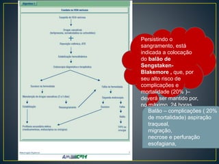 Persistindo o
sangramento, está
indicada a colocação
do balão de
Sengstaken-
Blakemore , que, por
seu alto risco de
complicações e
mortalidade (20% )–
deverá ser mantido por,
no máximo, 24 horas.
Balão – complicações ( 20%
de mortalidade) aspiração
traqueal,
migração,
necrose e perfuração
esofagiana,
 