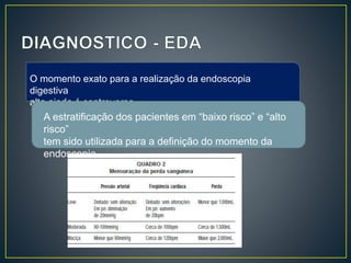 O momento exato para a realização da endoscopia
digestiva
alta ainda é controverso.
A estratificação dos pacientes em “baixo risco” e “alto
risco”
tem sido utilizada para a definição do momento da
endoscopia
 