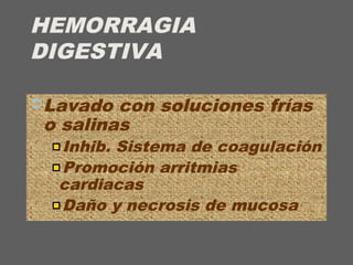 HEMORRAGIA
DIGESTIVA
Lavado con soluciones frías
o salinas
Inhib. Sistema de coagulación
Promoción arritmias
cardiacas
Daño y necrosis de mucosa
 