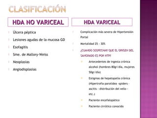 HDA NO VARICEALHDA NO VARICEAL HDA VARICEALHDA VARICEAL
 Complicación más severa de Hipertensión
Portal
 Mortalidad 25 - 30%
 ¿CUANDO SOSPECHAR QUE EL ORIGEN DEL¿CUANDO SOSPECHAR QUE EL ORIGEN DEL
SANGRADO ES POR HTP?SANGRADO ES POR HTP?
 Antecedentes de ingesta crónica
alcohol (hombres 80gr/día, mujeres
50gr/día)
 Estigmas de hepatopatía crónica
(Hipertrofia parotídea -spiders –
ascitis - distribución del vello -
etc.)
 Paciente encefalopático
 Paciente cirrótico conocido
 Úlcera péptica
 Lesiones agudas de la mucosa GD
 Esofagitis
 Sme. de Mallory-Weiss
 Neoplasias
 Angiodisplasias
 