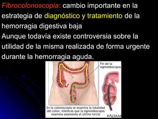 FibrocolonoscopiaFibrocolonoscopia:: cambio importante en lacambio importante en la
estrategia deestrategia de diagnóstico y tratamientodiagnóstico y tratamiento de lade la
hemorragia digestiva bajahemorragia digestiva baja
Aunque todavía existe controversia sobre laAunque todavía existe controversia sobre la
utilidad de la misma realizada de forma urgenteutilidad de la misma realizada de forma urgente
durante la hemorragia aguda.durante la hemorragia aguda.
 