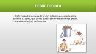 FIEBRE TIFOIDEA
– Enfermedad infecciosa de origen entérico, provocada por la
bacteria S. Typha, que puede cursar con complicaciones graves,
como enterorragia y perforación.
 