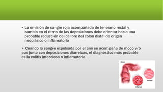  La emisión de sangre roja acompañada de tenesmo rectal y
cambio en el ritmo de las deposiciones debe orientar hacia una
probable reducción del calibre del colon distal de origen
neoplásico o inflamatorio
• Cuando la sangre expulsada por el ano se acompaña de moco y/o
pus junto con deposiciones diarreicas, el diagnóstico más probable
es la colitis infecciosa o inflamatoria.
 
