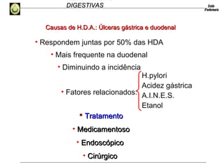 HEMORRAGIAS
DIGESTIVASDIGESTIVAS
• Respondem juntas por 50% das HDA
• Mais frequente na duodenal
• Diminuindo a incidência
• Fatores relacionados:
H.pylori
Acidez gástrica
A.I.N.E.S.
Etanol
 TratamentoTratamento
• MedicamentosoMedicamentoso
• EndoscópicoEndoscópico
• CirúrgicoCirúrgico
Causas de H.D.A.: Úlceras gástrica e duodenalCausas de H.D.A.: Úlceras gástrica e duodenal
 